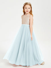 Abito Damigella Junior Lungo Top Con Paillettes Gonna In Tulle Nebbia