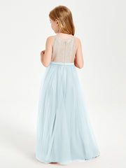 Abito Damigella Junior Lungo Top Con Paillettes Gonna In Tulle Nebbia