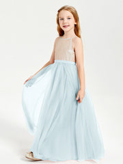 Abito Damigella Junior Lungo Top Con Paillettes Gonna In Tulle Nebbia
