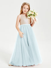 Abito Damigella Junior Lungo Top Con Paillettes Gonna In Tulle Nebbia