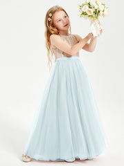 Abito Damigella Junior Lungo Top Con Paillettes Gonna In Tulle Nebbia