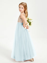 Abito Damigella Junior Lungo Top Con Paillettes Gonna In Tulle Nebbia