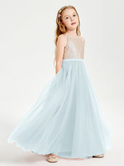 Abito Damigella Junior Lungo Top Con Paillettes Gonna In Tulle Nebbia