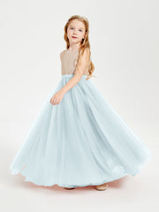 Abito Damigella Junior Lungo Top Con Paillettes Gonna In Tulle Nebbia