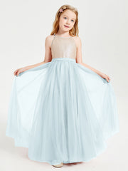 Abito Damigella Junior Lungo Top Con Paillettes Gonna In Tulle Nebbia