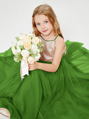 Abito Damigella Junior Lungo Top Con Paillettes Gonna In Tulle Muschio