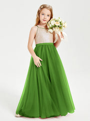 Abito Damigella Junior Lungo Top Con Paillettes Gonna In Tulle Muschio