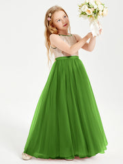 Abito Damigella Junior Lungo Top Con Paillettes Gonna In Tulle Muschio
