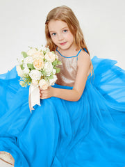 Abito Damigella Junior Lungo Top Con Paillettes Gonna In Tulle Blu Oceano
