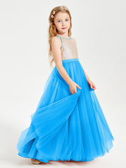 Abito Damigella Junior Lungo Top Con Paillettes Gonna In Tulle Blu Oceano