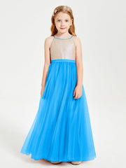 Abito Damigella Junior Lungo Top Con Paillettes Gonna In Tulle Blu Oceano
