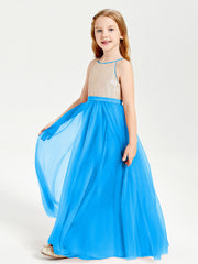 Abito Damigella Junior Lungo Top Con Paillettes Gonna In Tulle Blu Oceano