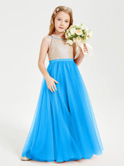 Abito Damigella Junior Lungo Top Con Paillettes Gonna In Tulle Blu Oceano
