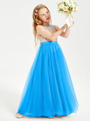 Abito Damigella Junior Lungo Top Con Paillettes Gonna In Tulle Blu Oceano