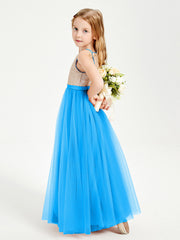 Abito Damigella Junior Lungo Top Con Paillettes Gonna In Tulle Blu Oceano