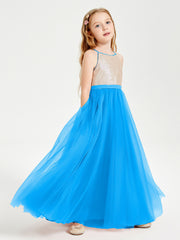 Abito Damigella Junior Lungo Top Con Paillettes Gonna In Tulle Blu Oceano