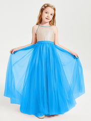 Abito Damigella Junior Lungo Top Con Paillettes Gonna In Tulle Blu Oceano