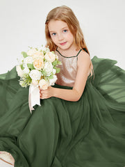Abito Damigella Junior Lungo Top Con Paillettes Gonna In Tulle Verde Oliva