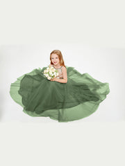 Abito Damigella Junior Lungo Top Con Paillettes Gonna In Tulle Verde Oliva