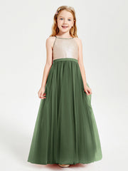 Abito Damigella Junior Lungo Top Con Paillettes Gonna In Tulle Verde Oliva