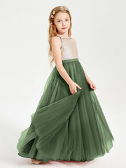 Abito Damigella Junior Lungo Top Con Paillettes Gonna In Tulle Verde Oliva
