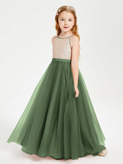 Abito Damigella Junior Lungo Top Con Paillettes Gonna In Tulle Verde Oliva