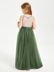 Abito Damigella Junior Lungo Top Con Paillettes Gonna In Tulle Verde Oliva