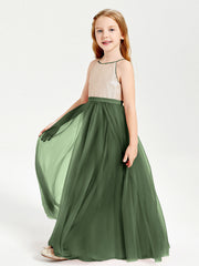 Abito Damigella Junior Lungo Top Con Paillettes Gonna In Tulle Verde Oliva