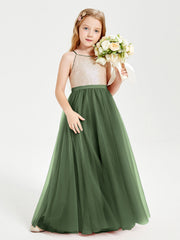 Abito Damigella Junior Lungo Top Con Paillettes Gonna In Tulle Verde Oliva