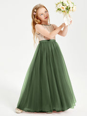 Abito Damigella Junior Lungo Top Con Paillettes Gonna In Tulle Verde Oliva