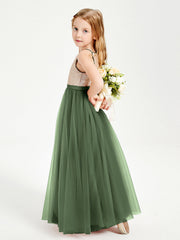 Abito Damigella Junior Lungo Top Con Paillettes Gonna In Tulle Verde Oliva