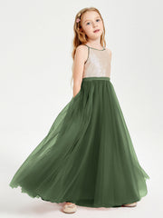 Abito Damigella Junior Lungo Top Con Paillettes Gonna In Tulle Verde Oliva