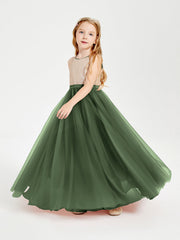 Abito Damigella Junior Lungo Top Con Paillettes Gonna In Tulle Verde Oliva