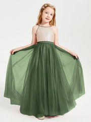 Abito Damigella Junior Lungo Top Con Paillettes Gonna In Tulle Verde Oliva