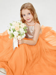 Abito Damigella Junior Lungo Top Con Paillettes Gonna In Tulle Arancio