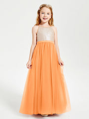 Abito Damigella Junior Lungo Top Con Paillettes Gonna In Tulle Arancio