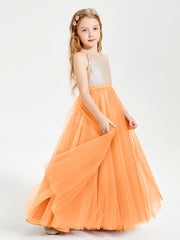 Abito Damigella Junior Lungo Top Con Paillettes Gonna In Tulle Arancio