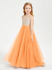 Abito Damigella Junior Lungo Top Con Paillettes Gonna In Tulle Arancio