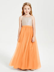Abito Damigella Junior Lungo Top Con Paillettes Gonna In Tulle Arancio