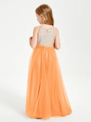 Abito Damigella Junior Lungo Top Con Paillettes Gonna In Tulle Arancio