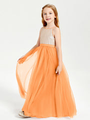 Abito Damigella Junior Lungo Top Con Paillettes Gonna In Tulle Arancio