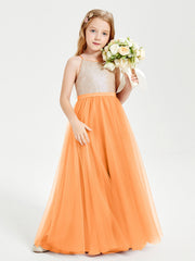 Abito Damigella Junior Lungo Top Con Paillettes Gonna In Tulle Arancio