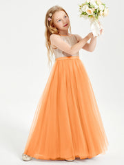 Abito Damigella Junior Lungo Top Con Paillettes Gonna In Tulle Arancio