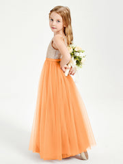 Abito Damigella Junior Lungo Top Con Paillettes Gonna In Tulle Arancio