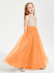 Abito Damigella Junior Lungo Top Con Paillettes Gonna In Tulle Arancio