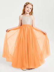 Abito Damigella Junior Lungo Top Con Paillettes Gonna In Tulle Arancio