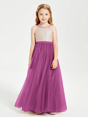 Abito Damigella Junior Lungo Top Con Paillettes Gonna In Tulle Orchidea