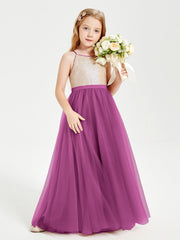 Abito Damigella Junior Lungo Top Con Paillettes Gonna In Tulle Orchidea