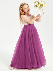 Abito Damigella Junior Lungo Top Con Paillettes Gonna In Tulle Orchidea