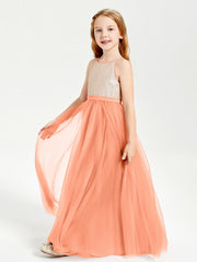 Abito Damigella Junior Lungo Top Con Paillettes Gonna In Tulle Papaia